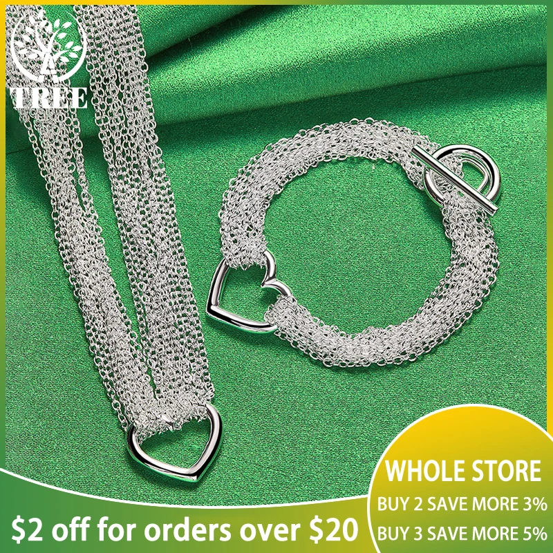 

2PCS Fashion Charm Jewelry 925 Sterling Silver Multi-chain Heart Necklace Bracelets Sets For Woman Wedding Birthday Popular Gift