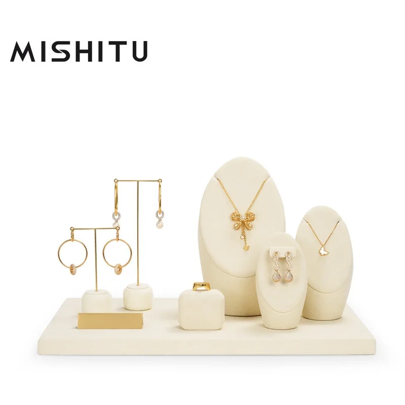 

MISHITU Beige Microfiber Jewelry Counter Display Set Props Shop Cabinet Display for Necklace Earrings Ring