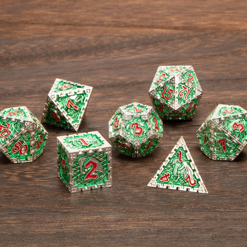 Silver Green Polyhedral Metal Dnd Dice Set 7 Pcs RPG D&ampD D+D Dungeon And Dragon D20 D12 D10 D% D8 D6 D4 Table Role Playing Game |