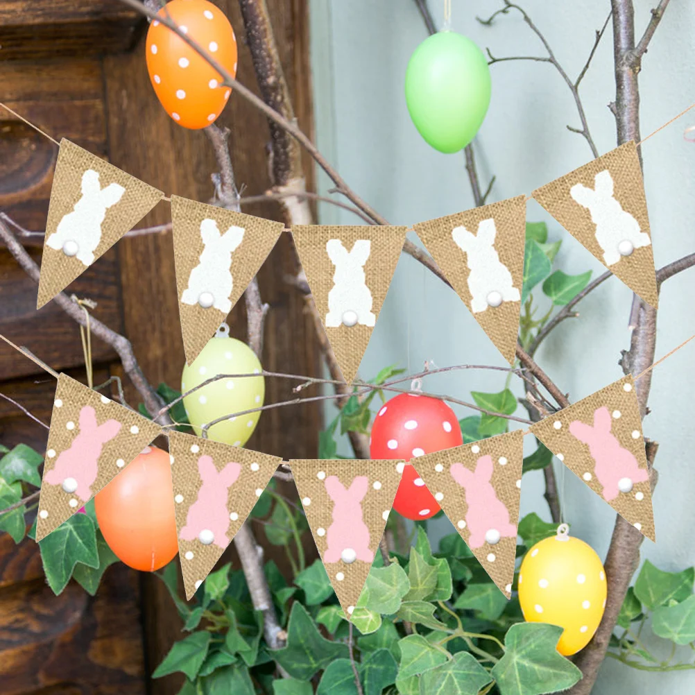 

2PCS Easter Burlap Banner Bunny Rustic Wave Point Garland for Photo Props Celebration Decor