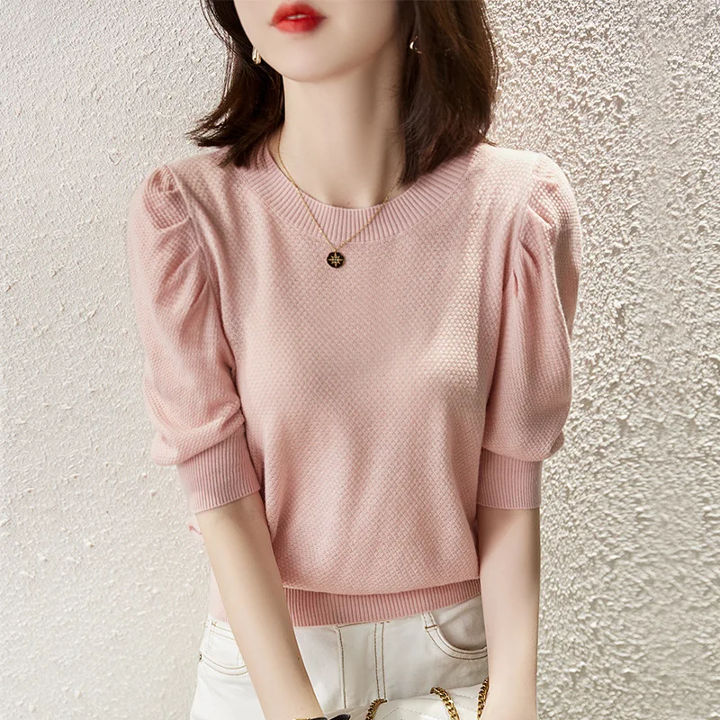 

Женская летняя новая стильная Милая трикотажная однотонная тонкая футболка свободного покроя с коротким рукавом и круглым вырезом, 2023