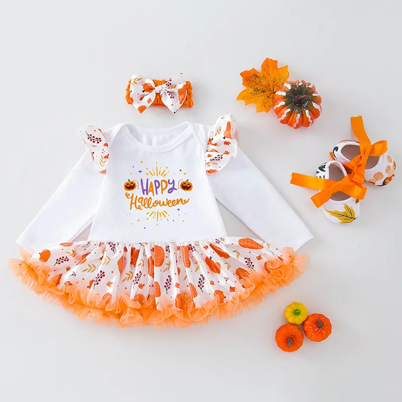 

Newborn Halloween Costume Boy Girl Infant Cartoon Fashion Bodysuit Dress Baby Cotton Pumpkin Letter Onesie+ Shoes+ Hairband 3pcs