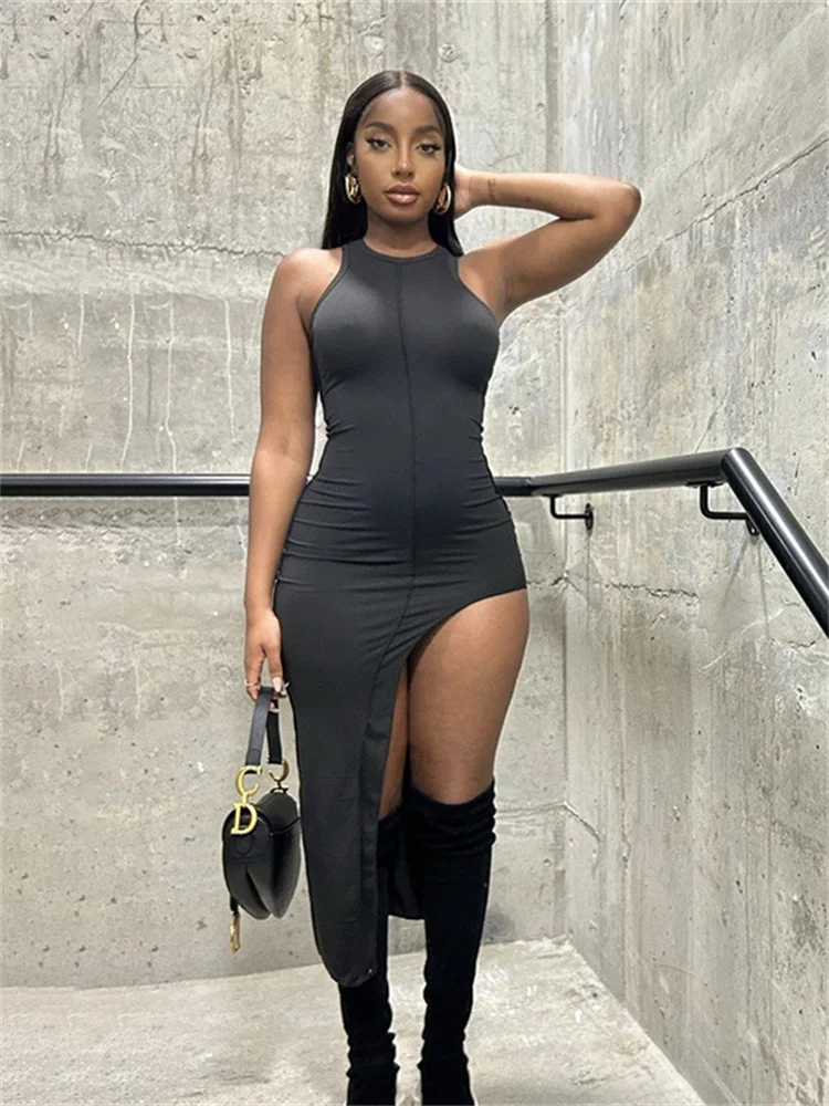 

WJFZQM однотонное хипстерское платье средней длины с круглым вырезом без рукавов в форме талии повседневная женская уличная одежда сексуальн...