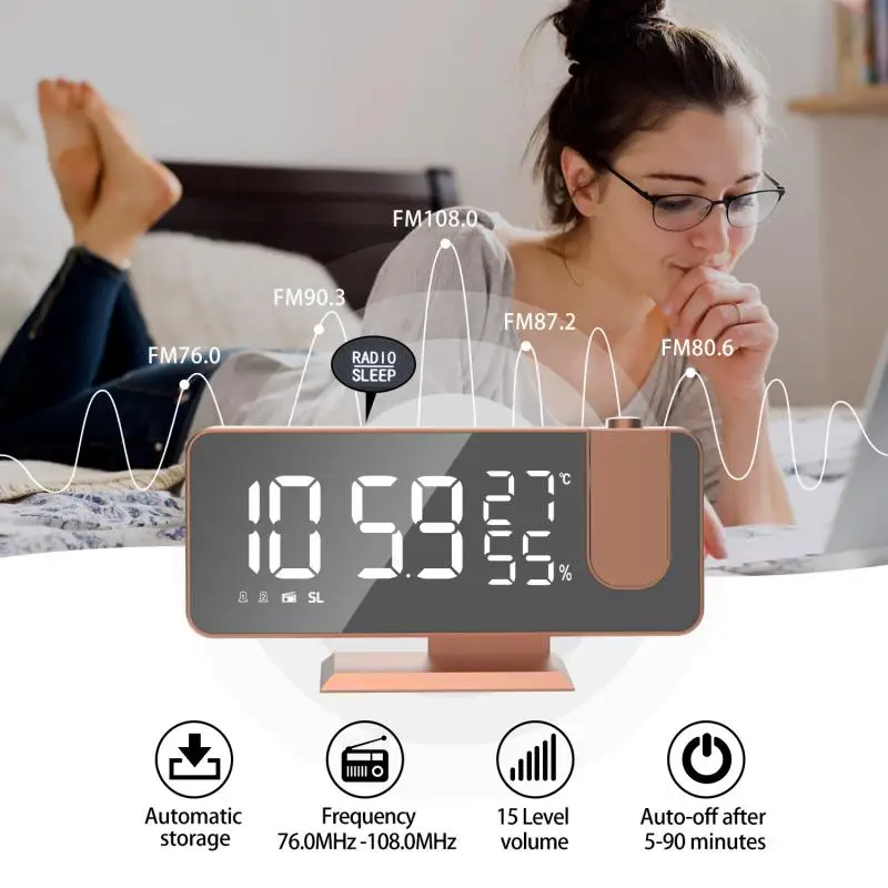 

Radio LED Digital Smart Alarm Clock Watch Table Electronic Desktop Clocks USB Wake Up Clock with 180° Time Projection Snooze