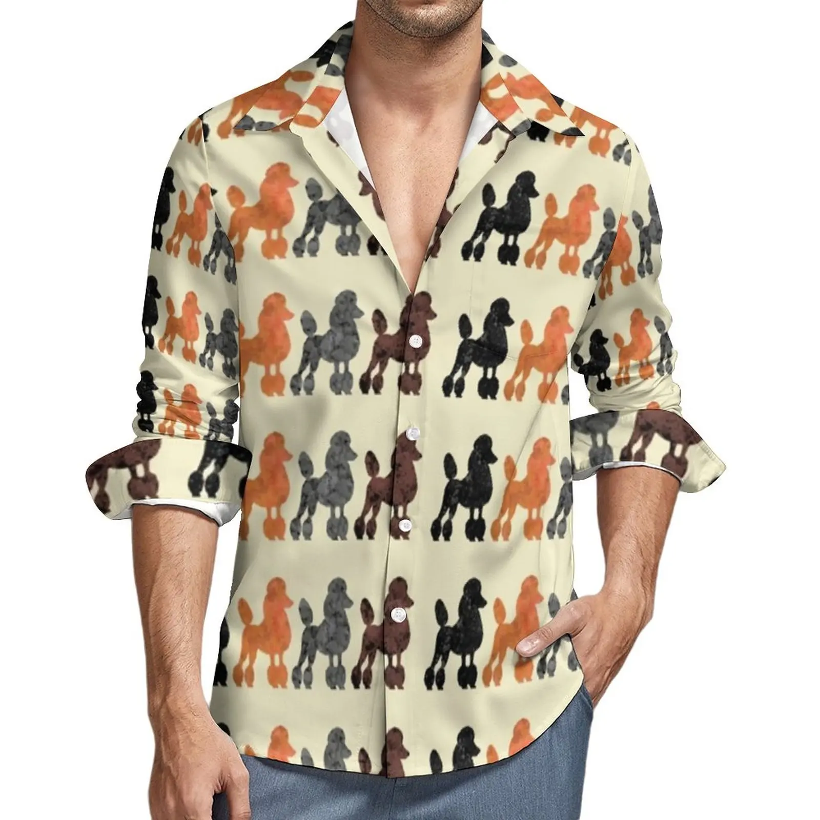 

Милая рубашка с принтом пуделя, повседневные рубашки с изображением четырех собак, забавные блузки с длинным рукавом и рисунком, Весенняя крутая одежда оверсайз