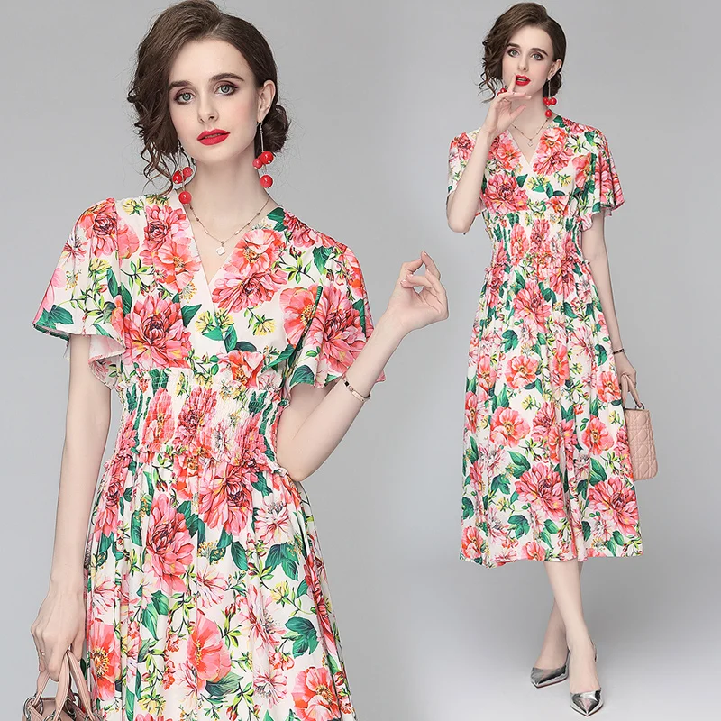 

Summer Runway Floral Maxi Dress Women Bohemia Flower Print V-Neck Butterfly Sleeve Elastic Waist Cascading Ruffles Long Dress