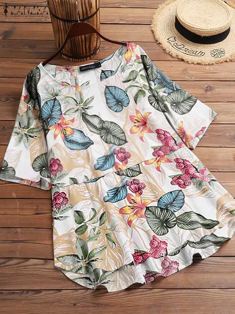 

ZANZEA Women Short Sleeve Blouse 2022 Spring Printed Office Lady Top Tunics Fashion Oversized Blusa Casual Loose Camisas Chemise