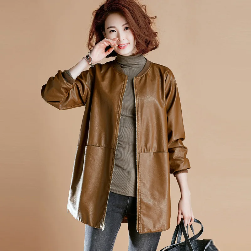 Loose Standing Collar Zipper PU Leather Coat Medium Long Coat Women's Autumn and Winter Wear  Vintage Loose Long Coats Brown