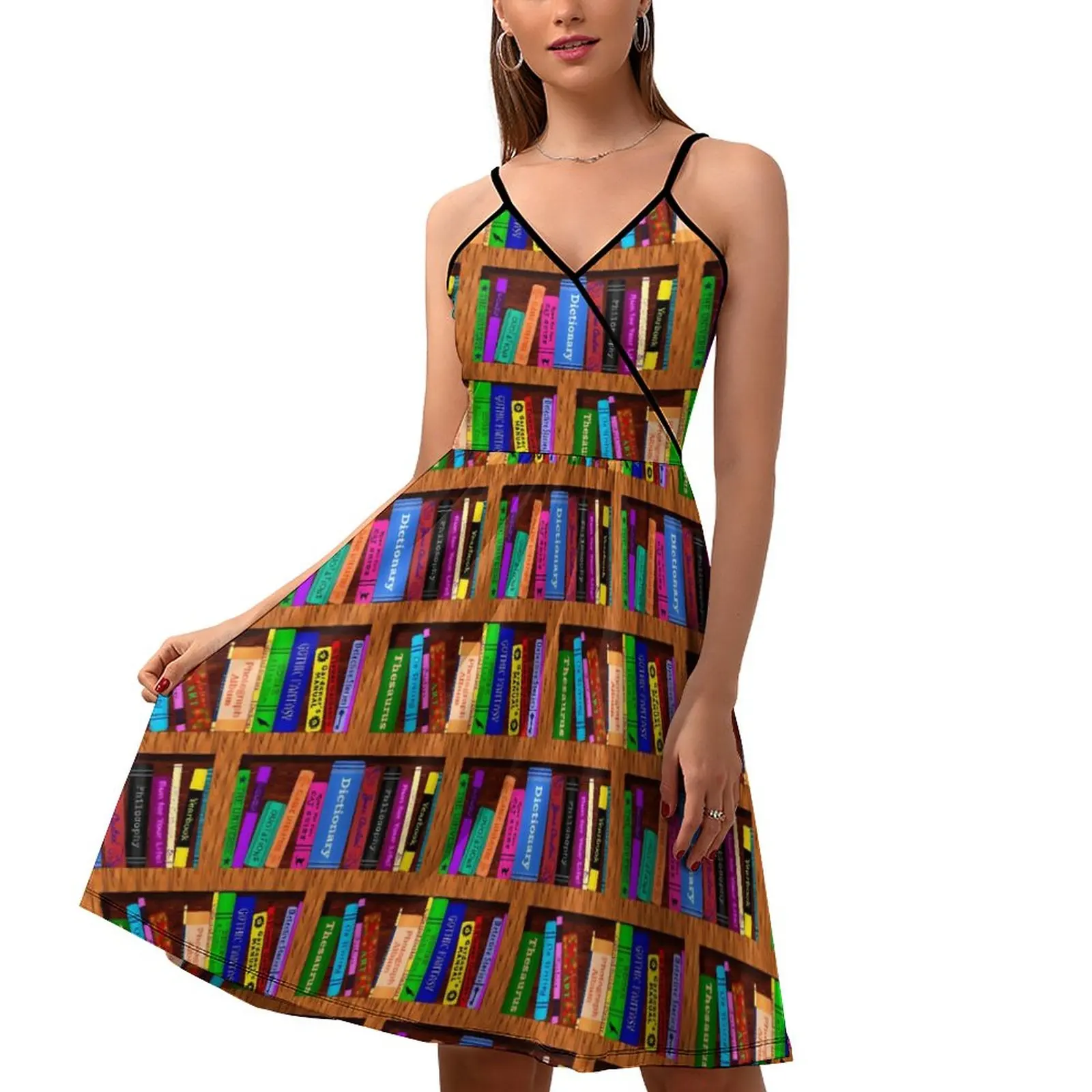 

Books Library Dress Bookshelf Colorful Aesthetic Casual Dress Holiday Graphic Dresses Spaghetti Strap Night Club Vestido
