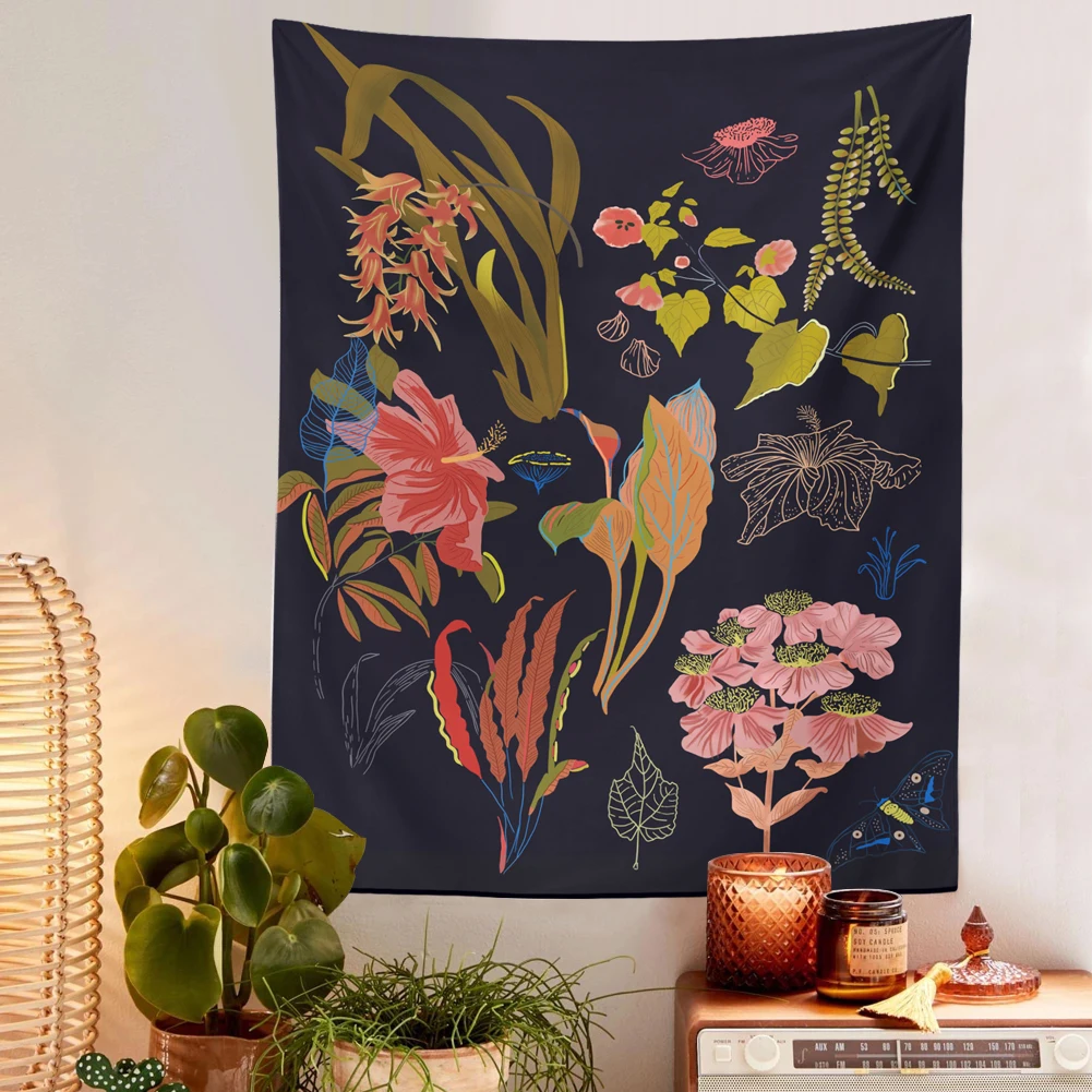 

Black Botanical Wildflower Tapestry Wall Hanging Flower Reference Chart Bohemian Tapestries Colorful Psychedelic Home Decor
