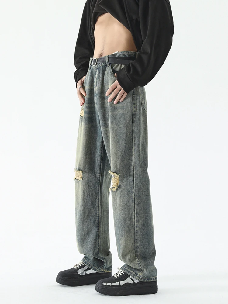 Vintage Street Distressed Loose Fit Jeans For Men Y2k High Street Popular Wide Leg Men Pants Hiphop Floor Sweeper Casual Pant