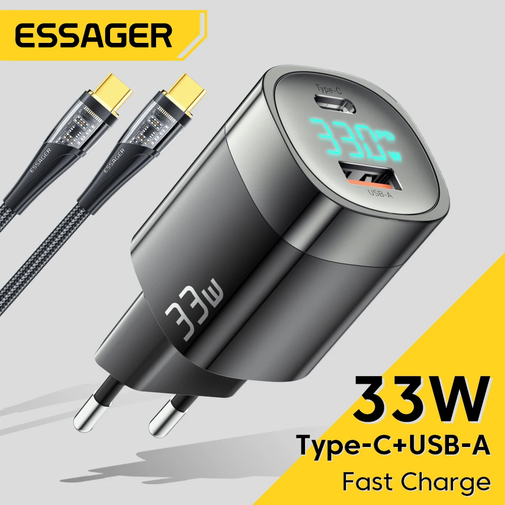  Essager 33W GaN USB C Charger Digital Display PD Fast Charging For iPhone 14 13 12 Max Pro iPad For Xiaomi Poco Samsung Charger 