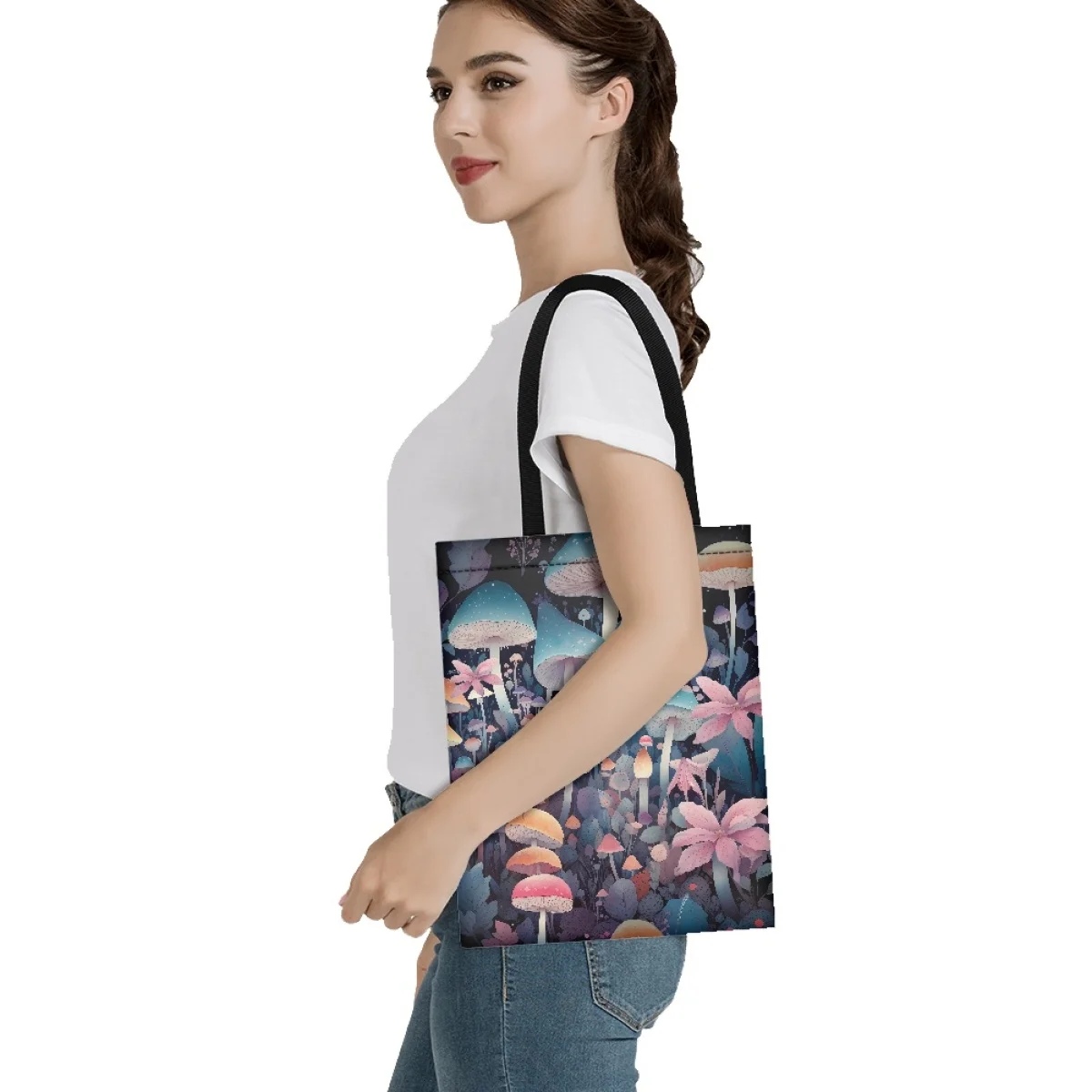 FORUDESIGNS Handbag Ladies Casual Tote Bag Colorful Mushroom Design Women Shoulder Bag Large Capacity Reusable Shopping