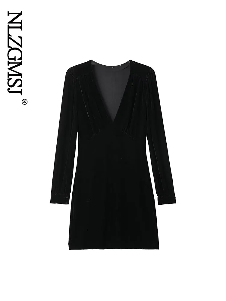 

Винтажное подиумное черное платье Nlzgmsj 2022 с V-образным вырезом, мини-платья с высокой талией, элегантные сексуальные платья на молнии с длинн...