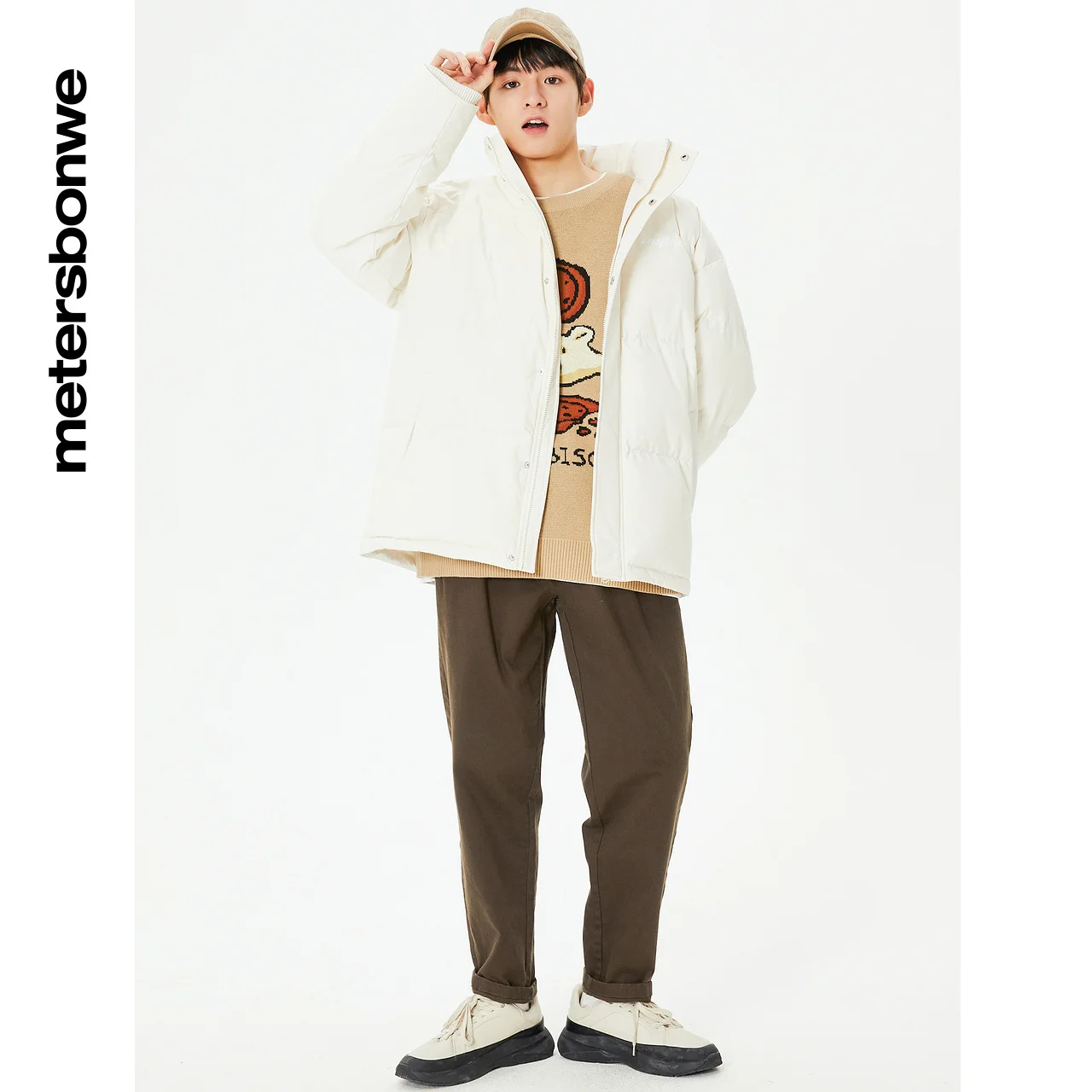 Metersbonwe Men's Solid Color Down Wear Loose 80% Duck Down Windproof  Stand Collar Warm Wear Winter Letter-Printed Down Coat