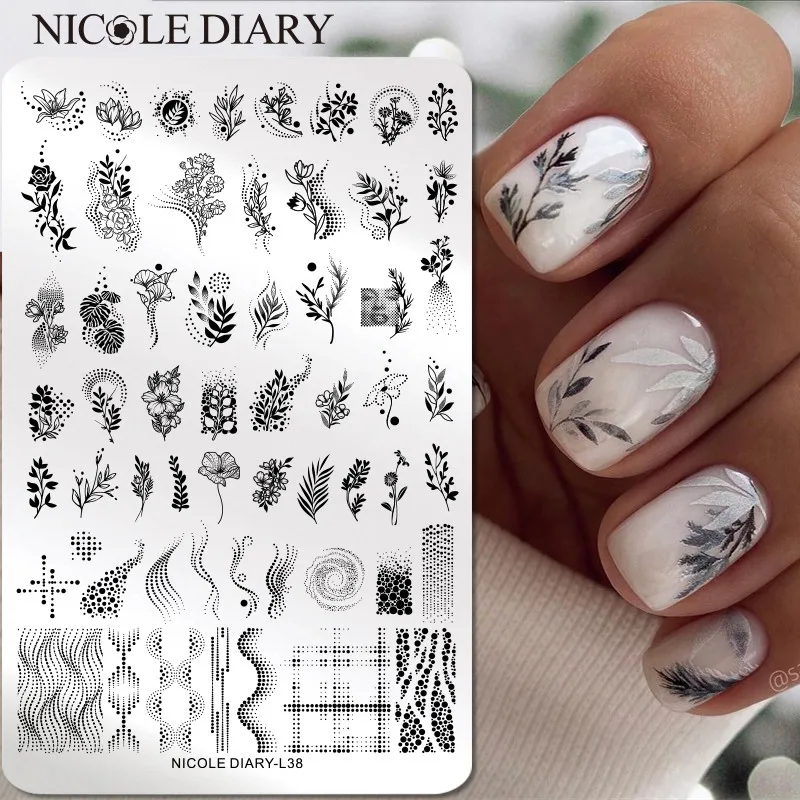 

NICOLE DIARY Big Rectangle Nail Stamping Plates Flower Leaves Stamping Template Dot Point Image Printing Stencil Manicuring Tool
