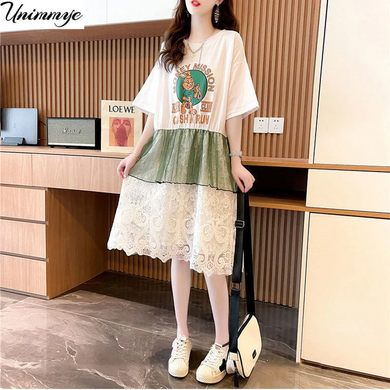 

Summer Clothing Lace Stitch Print T-shirt Dress Women Short Sleeve Korean Fashion Midi Dresses Vestido De Mujer Femme Robe J302