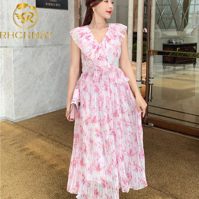 

Runway V-Neck Pleated Floral Lady Princess Women Fairy Elegant Bohemian Summer Dress Pink Dress Vestidos Slim New Ruffles Sum
