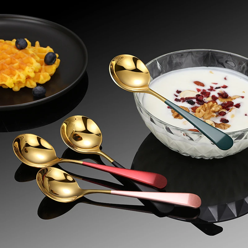 

Multi-color Stainless Steel Coffee Stirring Spoon Round Tea Dessert Ice Cream Sugar Scoop Teaspoons Cute Kitchen Accessories