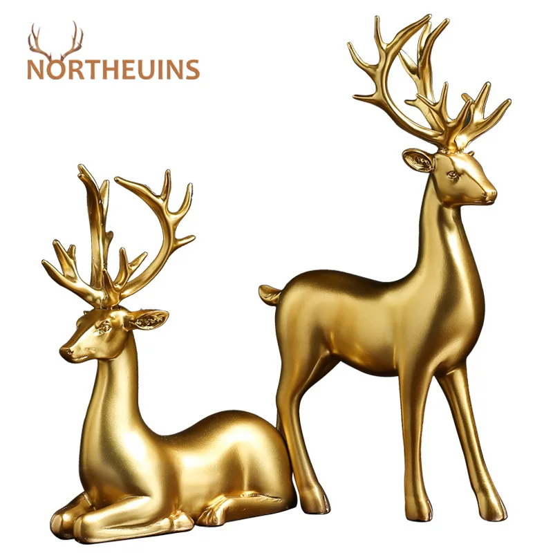 

NORTHEUINS Resin Golden Deer Bull Figurines for Interior Nordic Animal OX Statue Official Sculptures Home Decoration Accessories