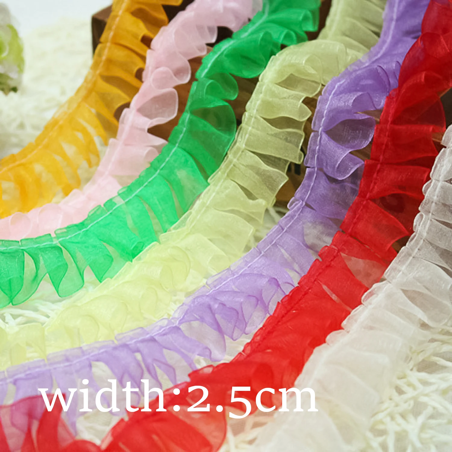 

2.5Cm Snow Organza Ribbon With Ruffled Lace Trim For Diy Doll Pillows Home Textiles Diy Toy Clothing And Pleated Lace Edging