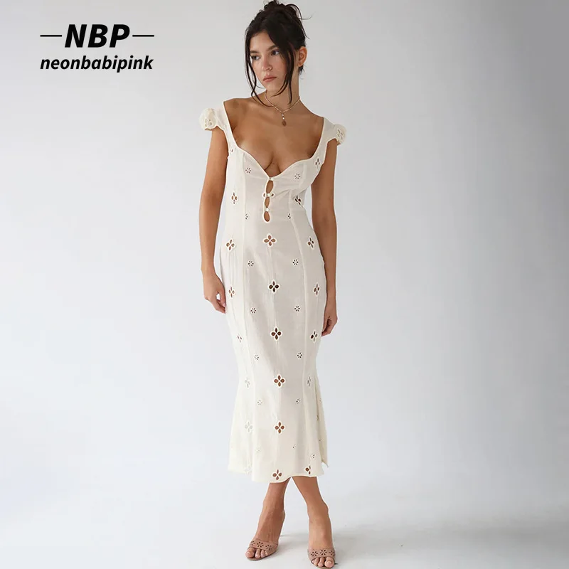 

NEONBABIPINK French Vintage Low Cut Slit Long Dresses for Women Clothes Elegant Sexy Hollow Out See Through White Dress N92-EE15