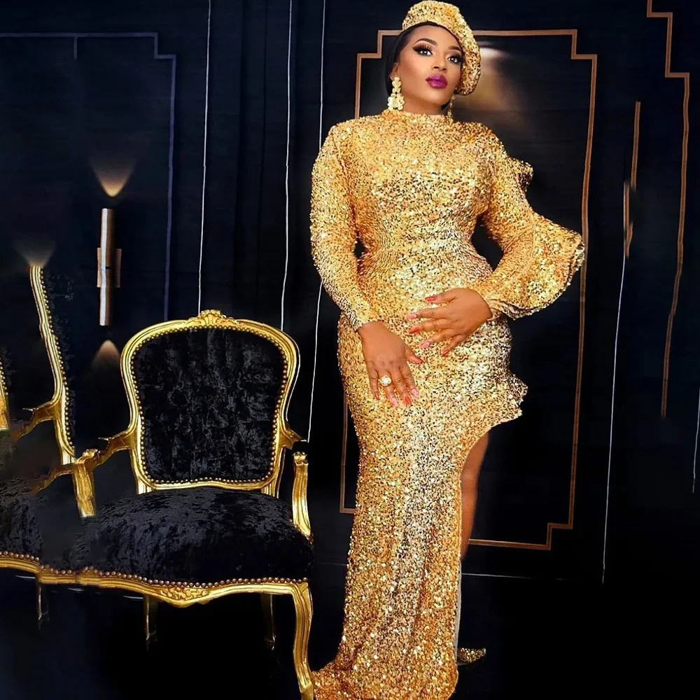 Plus Size Women Evening Party Dresses Women Gold Sequined Long Dress With Cap Elastic Sequined Long Sleeve Elegant Dress