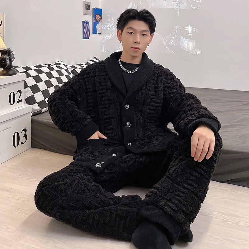 Pajamas Autumn Winter Flannel Warm Sleepwear Men Thicken Home Clothes Lounge Nightgown Leisure Men's Pajama Sets Dressing Gown