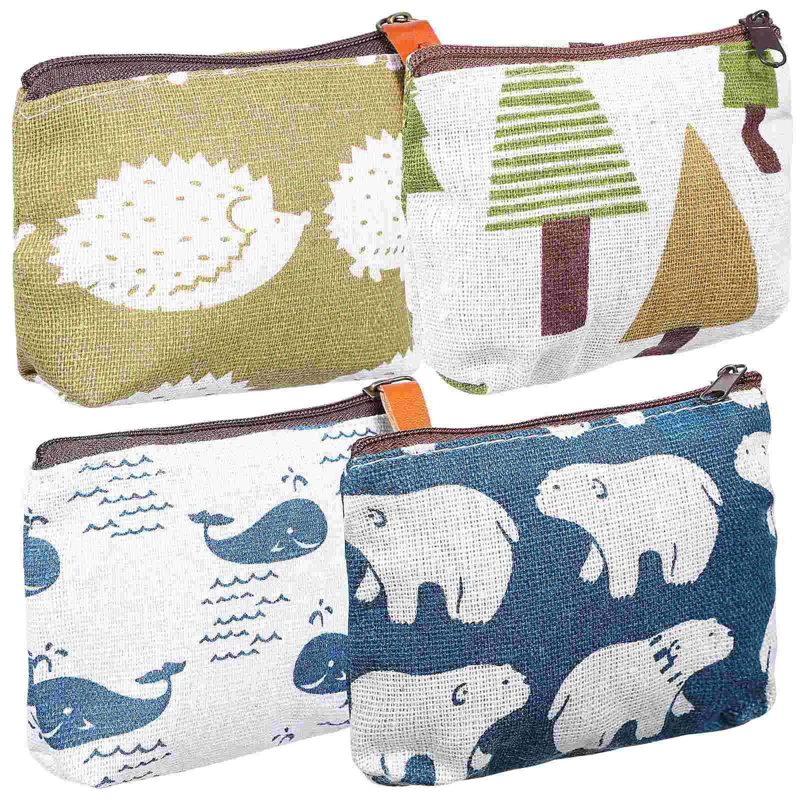 

4 Pcs Mini Makeup Kit Canvas Lipstick Zip Bags Coin Storage Cartoon Travel