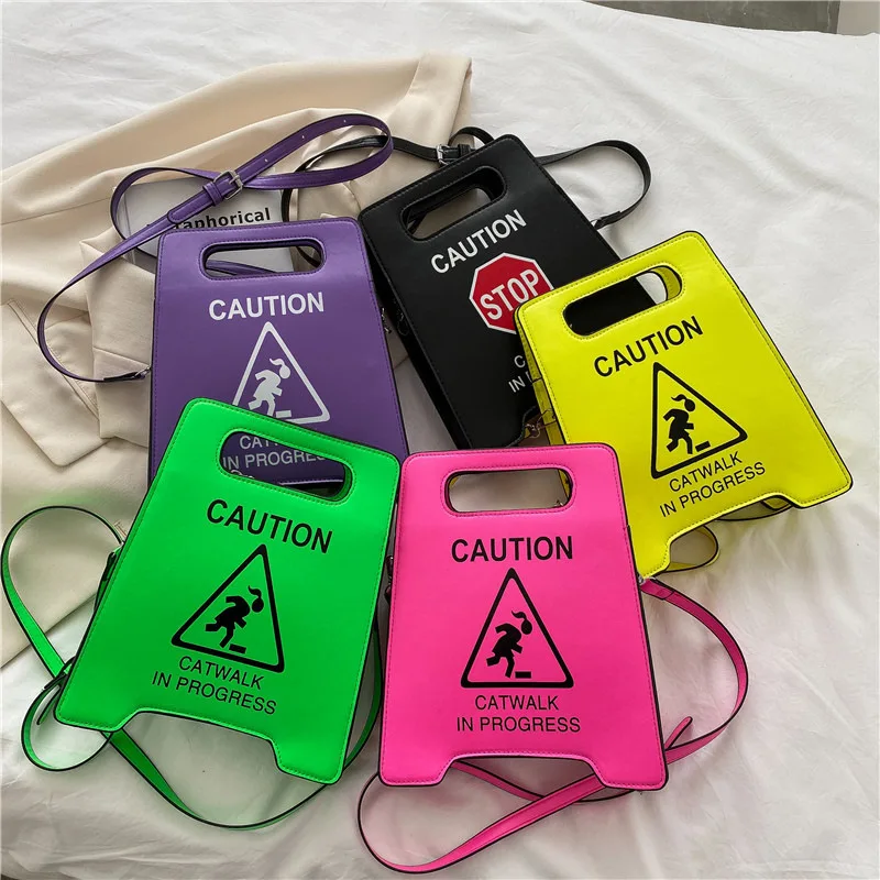 

Crossbody Bag Women Creative Caution Letters Sign Handbag Cute Fluorescence Color Shoulder Bags for Female Clutches Purse