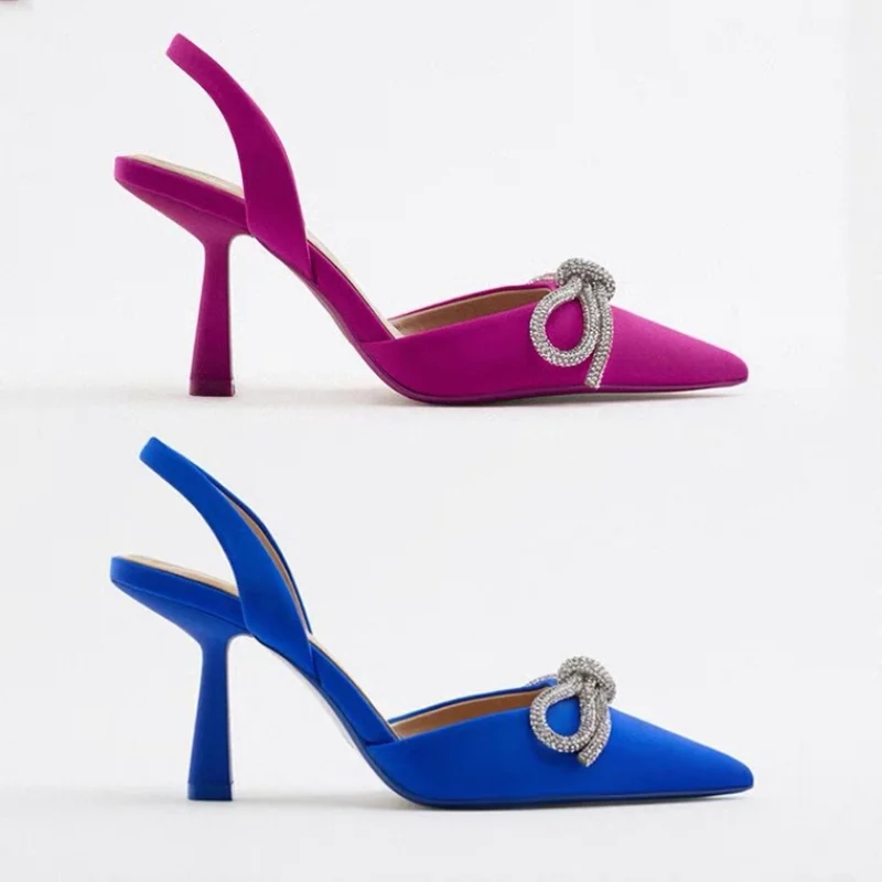2023 New Summer Woman Sandals Sparkly Bow Heels Fashion Pointed Toes Sandals Elegant Slingback Crystal Female Party Pumps Ladies