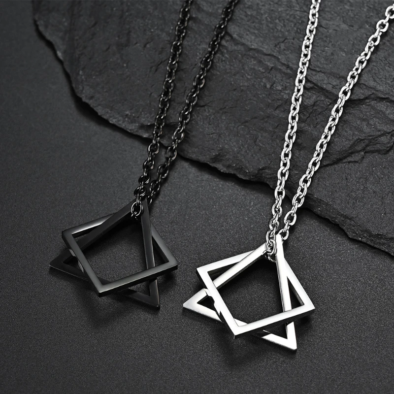 

Geometry Interlocking Square Triangle Male Pendant for Men Stainless Steel Modern Trendy Geometric Stacking Streetwear Necklace