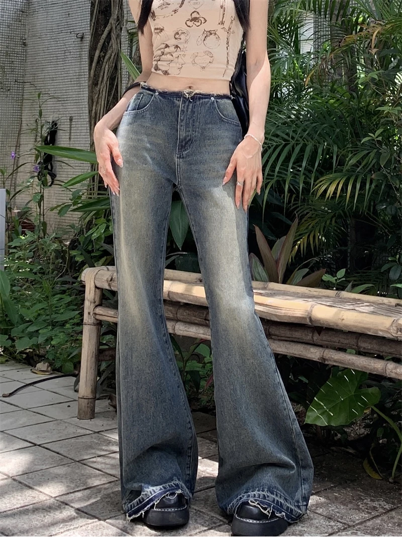 

Vintage Tassel Women Micro-Flared Jeans Spring Autumn Washed Distressed High Street Loose Casual Cozy Fashion Full Length Pants