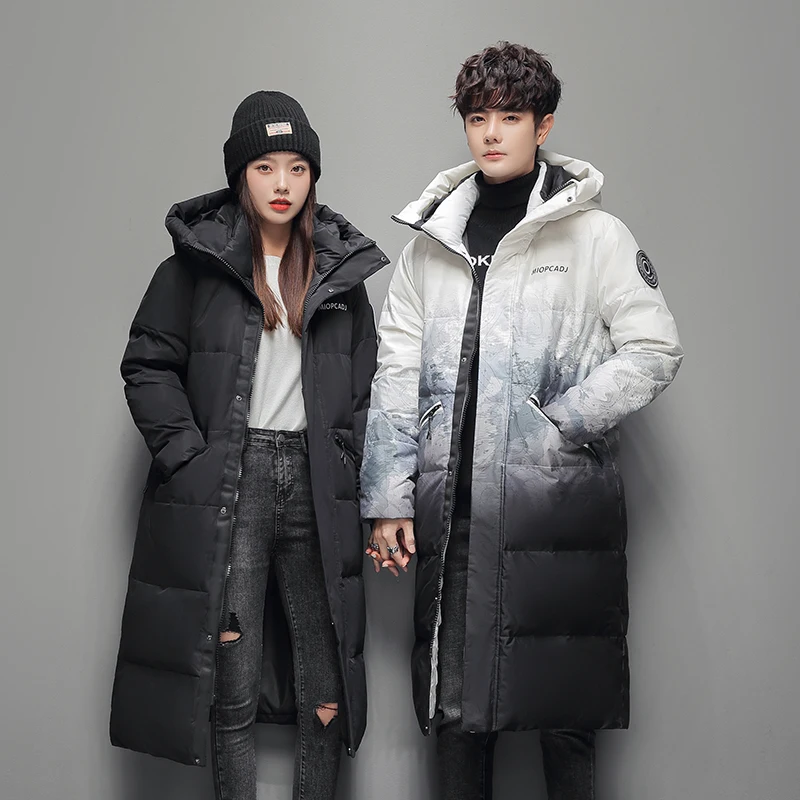 Winter X-long Down Jacket Couple White Duck Down Gradient Hooded Puffer Jackets Fashion Highstreet Windproof Thicken Warm Parkas