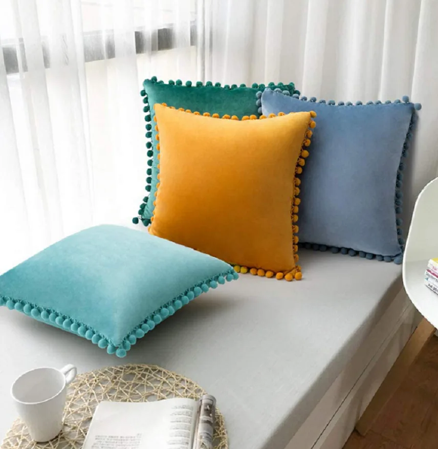Velvet Cushion with Pompon Home Decoration Sofa Pillowcase Solid Color Drop Ball Plush Car Home Living Room Pillowcase