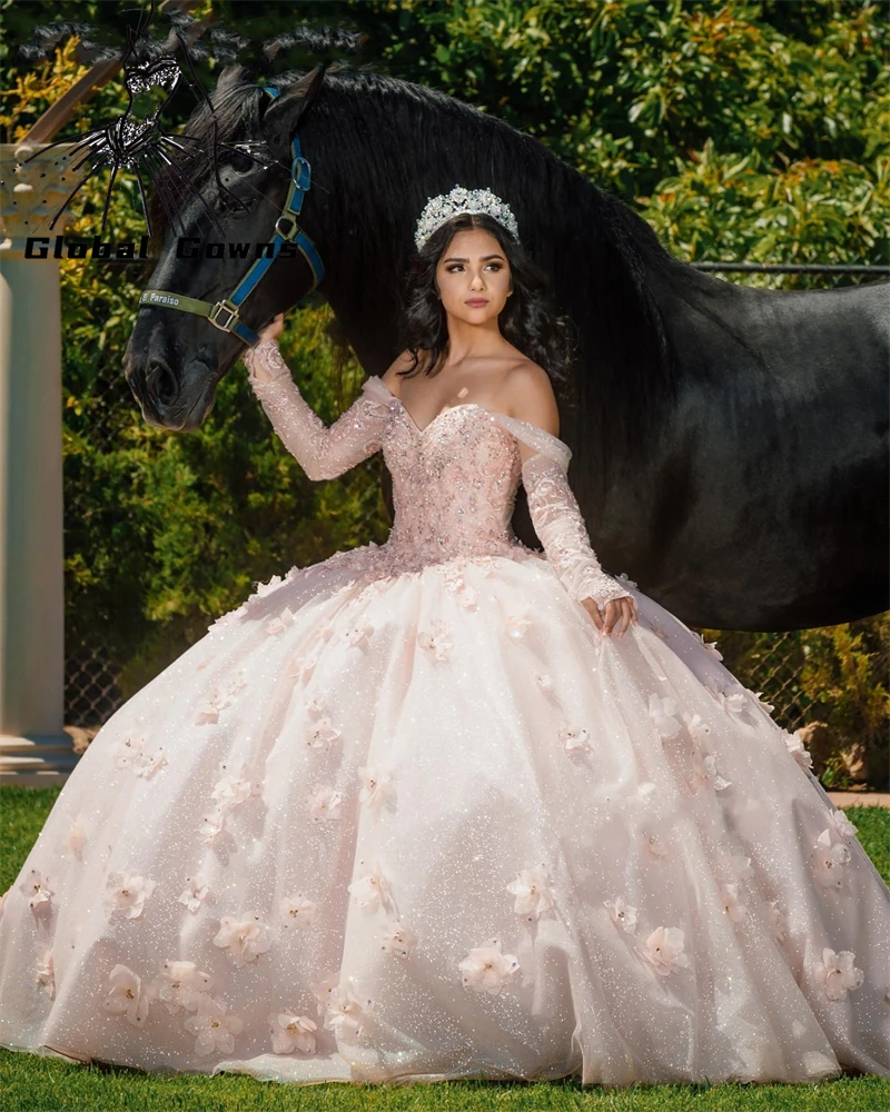 

Princess Nude Pink Off The Shoulder Ball Gown Quinceanera Dresses Beaded Celebrity Party Gowns 3D Flowers Graduation Vestido De