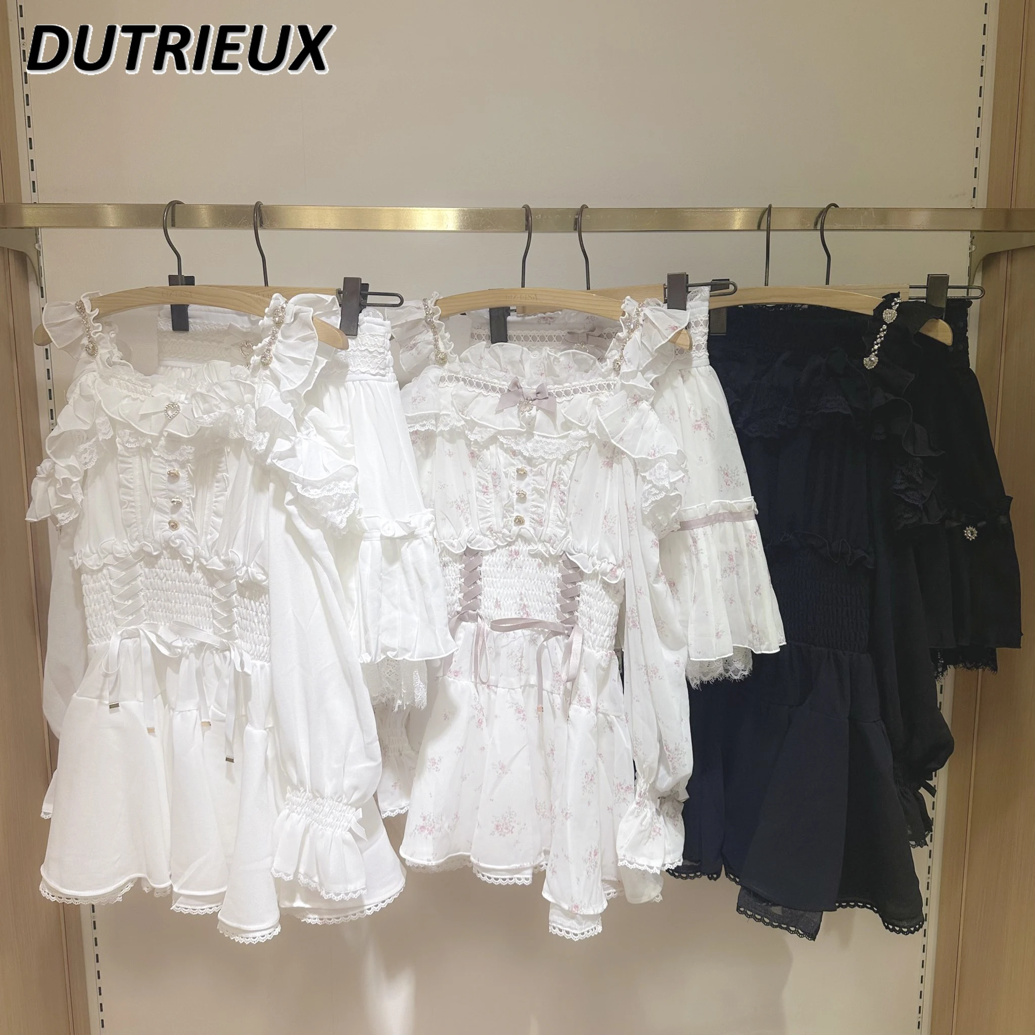 Японская осенняя серия Sweet Mine Массовый шифоновый топ с открытыми плечами и рюшами