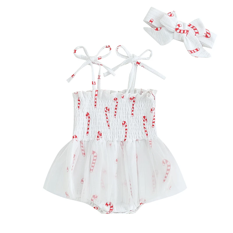 

Baby Girl Christmas Clothes Cane Christmas Tree Print Sleeveless Romper Dress and Headband 2 Piece Outfits