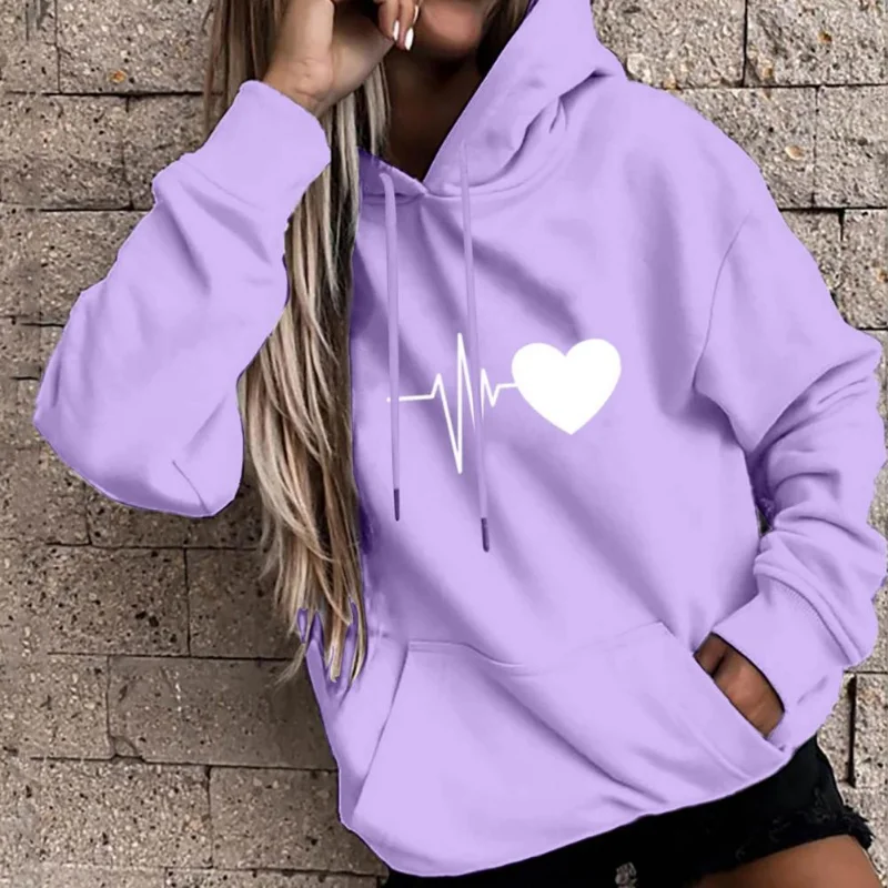 Women Men Hoodie Solid Color Love Print Drawstring Winter Hoodie Long Sleeves Keep Warm Loose Unisex Spring Hoodie Anime Hoodie