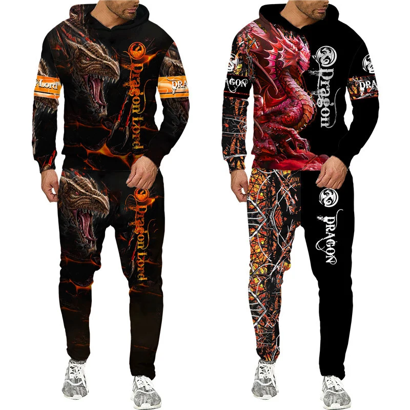 Мужской спортивный костюм с 3D-принтом летающего дракона толстовка капюшоном и