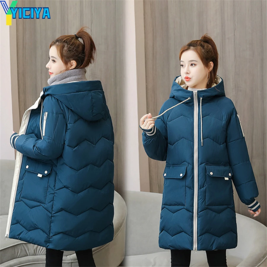 YICIYA Winter Parkas 2023 Woman Hooded Mid-length Cotton Padded Coat Women Loose Thicken Jackets Fluffy Overcoat Solid Outwear