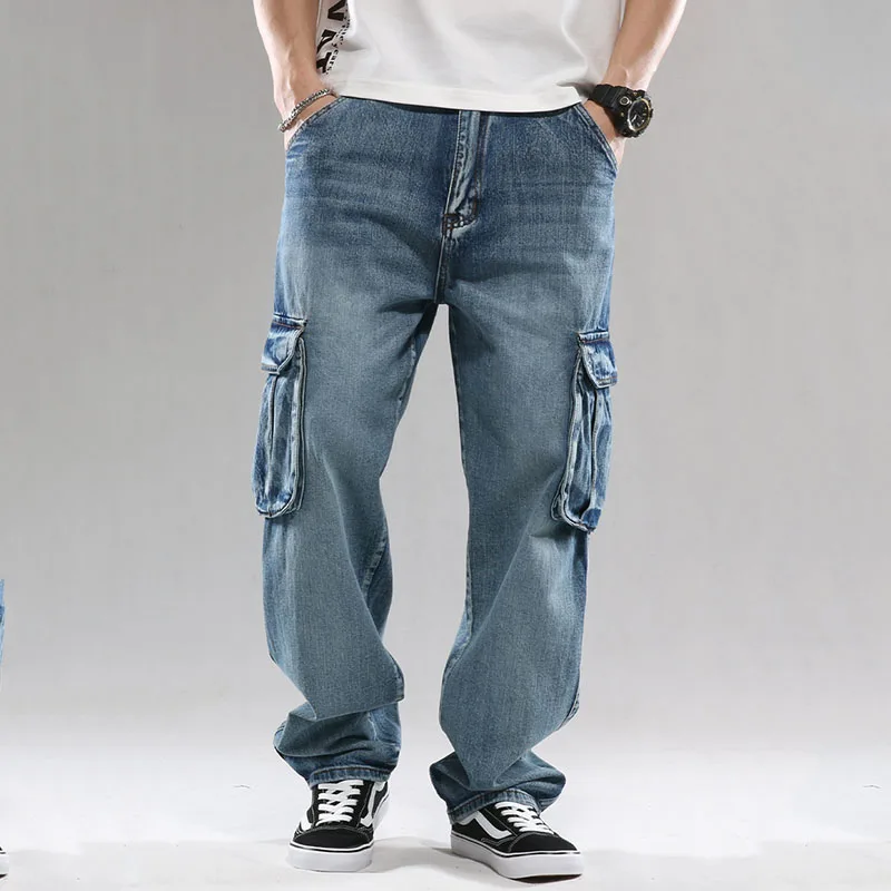 Men Cargo Casual Washed Jeans Trousers Multi Pockets Straight Loose Denim Pants For Male Plus Size 30-46