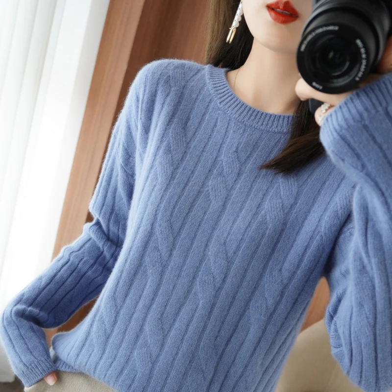 

High-End Autumn Winter Double Thickening Loose100% Wool O-Neck Sweater Women's Cashmere Knitted Girl Clothes Outwear