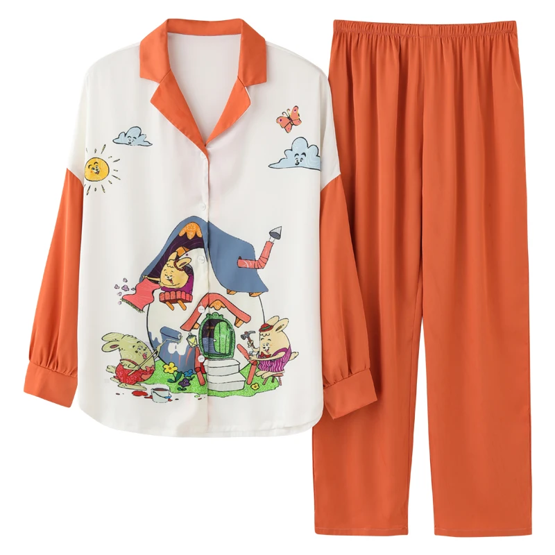 

Новый осенний женский пижамный комплект с отложным воротником, Шелковый Атласный топ с длинным рукавом и штаны, комплект из 2 предметов, оде...