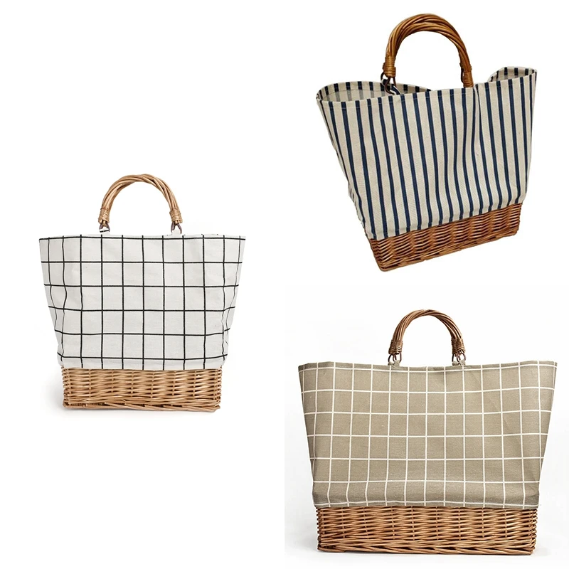 

New Straw Bag Plaid Canvas Splicing Bag Rattan Portable Canvas Bag Weaving Bag Lattice Stripe Handbag Rattan Bag