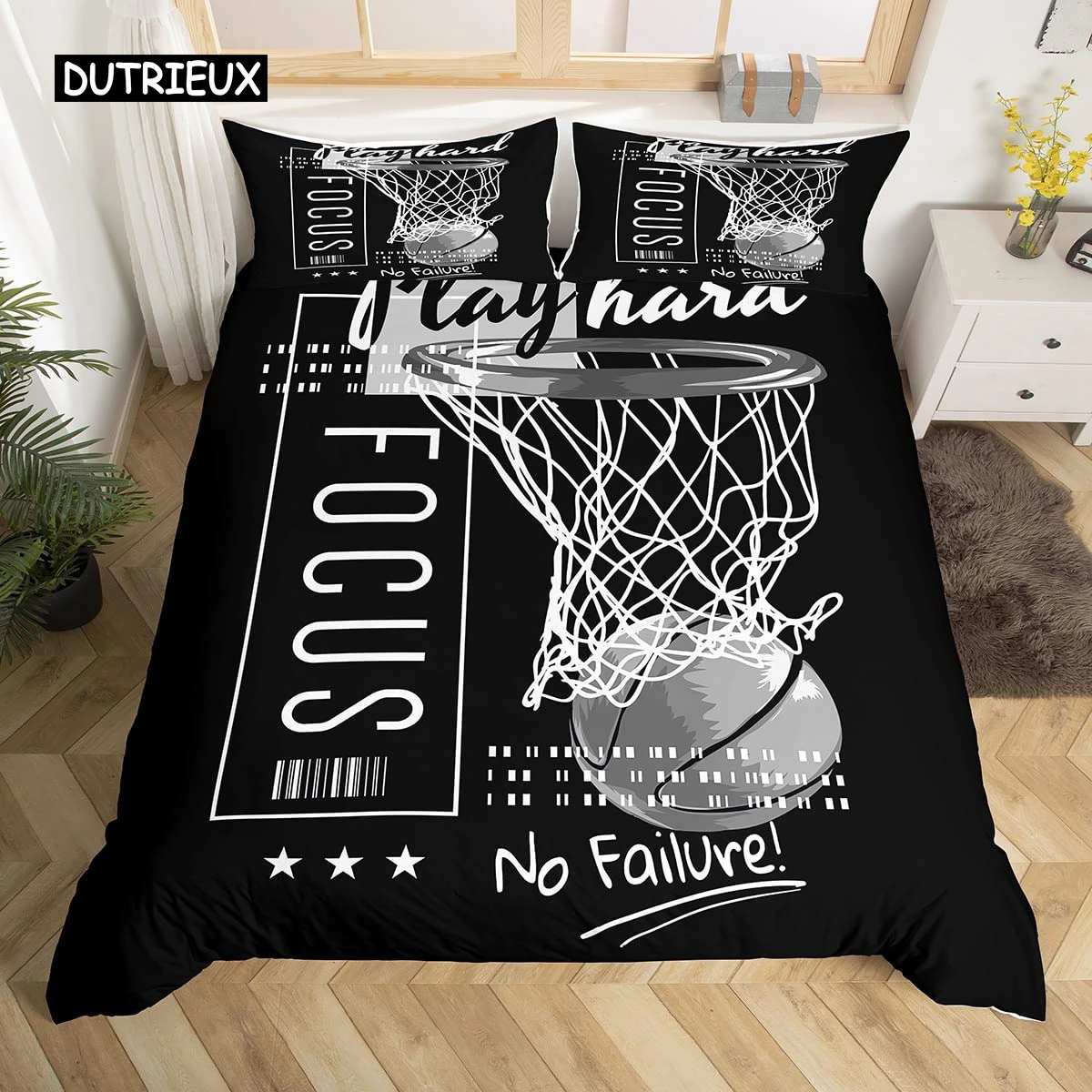 Basketball Duvet Cover Set Sports Theme Bedding for Boys Teens Men with Motivated No Failure Pattern Soft Comforter