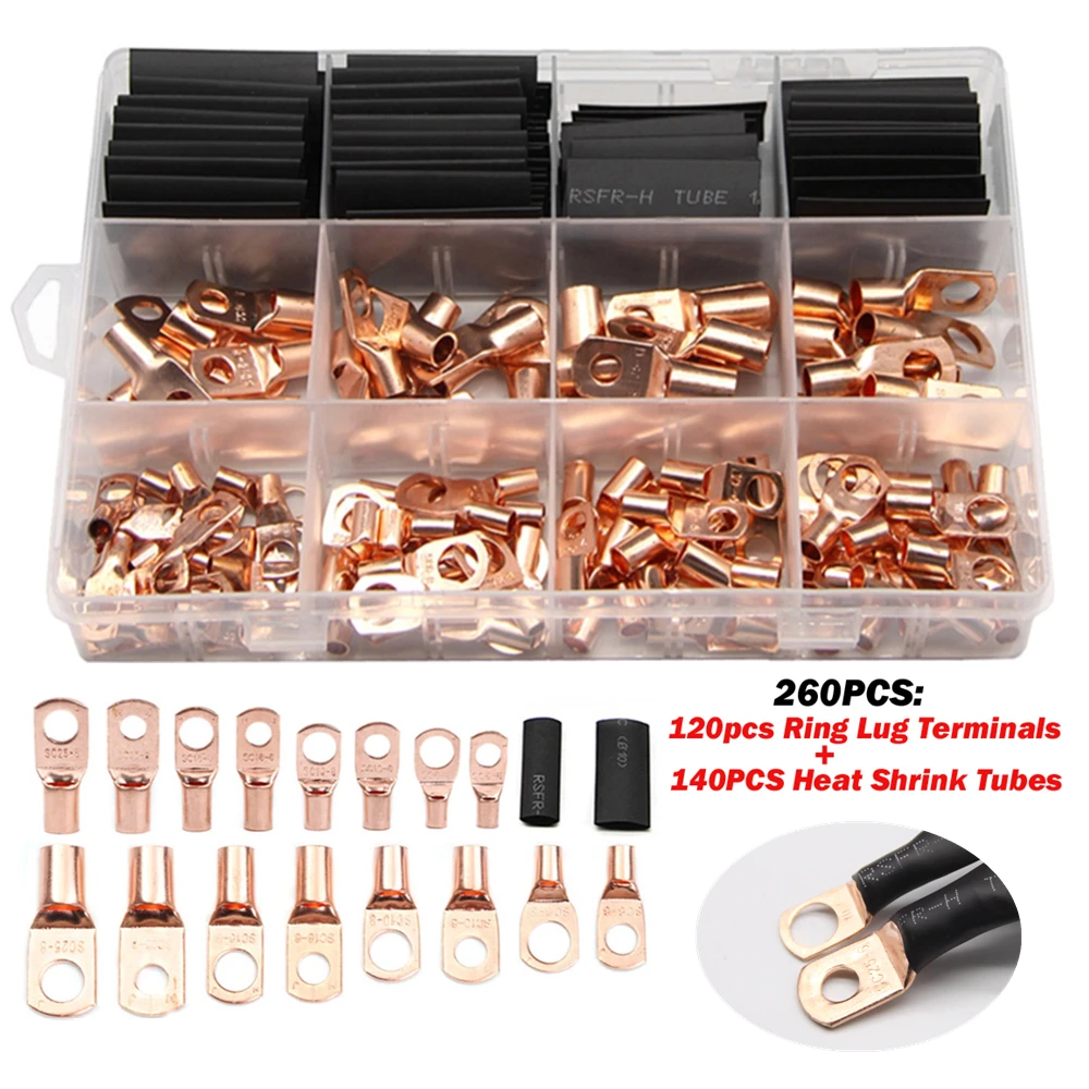 

60/140/260Pcs SC Type Wire Nose Crimp Terminal Bare Copper Battery Block Lugs Ring Crimped/Soldered Cable End Connectors Kit