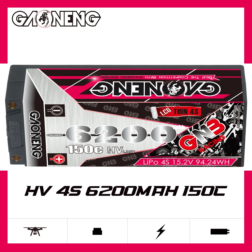 

Gaoneng GNB 4S1P 6200 мА/ч 15,2 в 150C HV LCG тонкий фотоэлементный твердый корпус 5,0 мм литий-полимерный аккумулятор XT90 Разъем для 1:8 1/8 RC автомобильный уровень