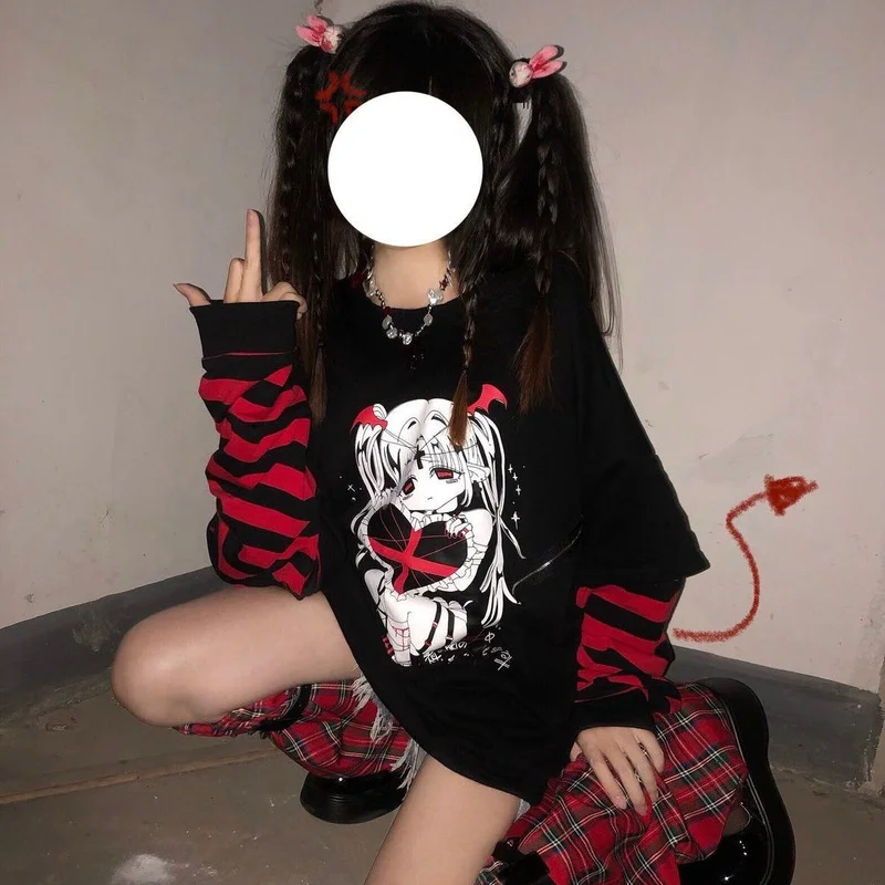 

QWEEK Anime Pullover Hoodie E Girl Emo Striped Sleeve Sweatshirt Steampunk Gothic Style 2000s Aesthetic Harajuku Kawaii Clothes