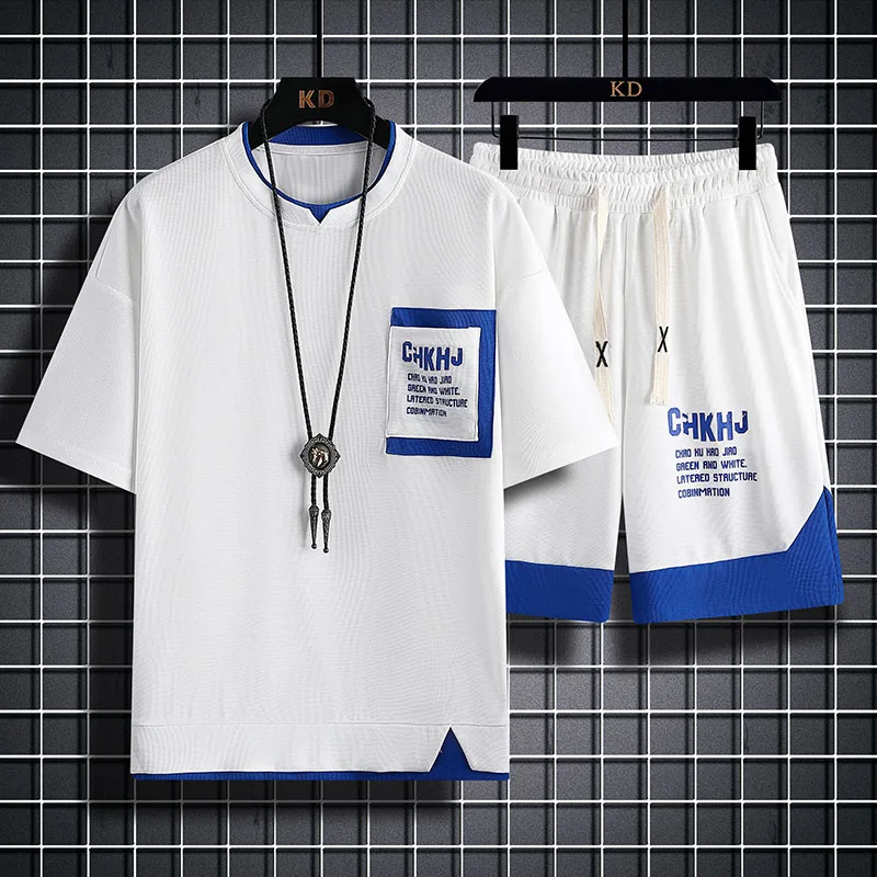 Waffle Short Sleeve Suit Men's Summer New Fashion Brand Set Handsome Youth Student Sports Casual Clothes